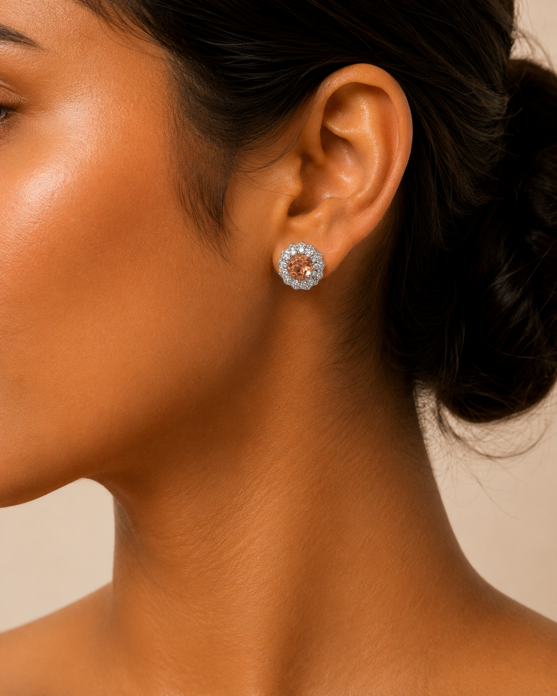 Peach Topaz CZ Halo Stud Earrings