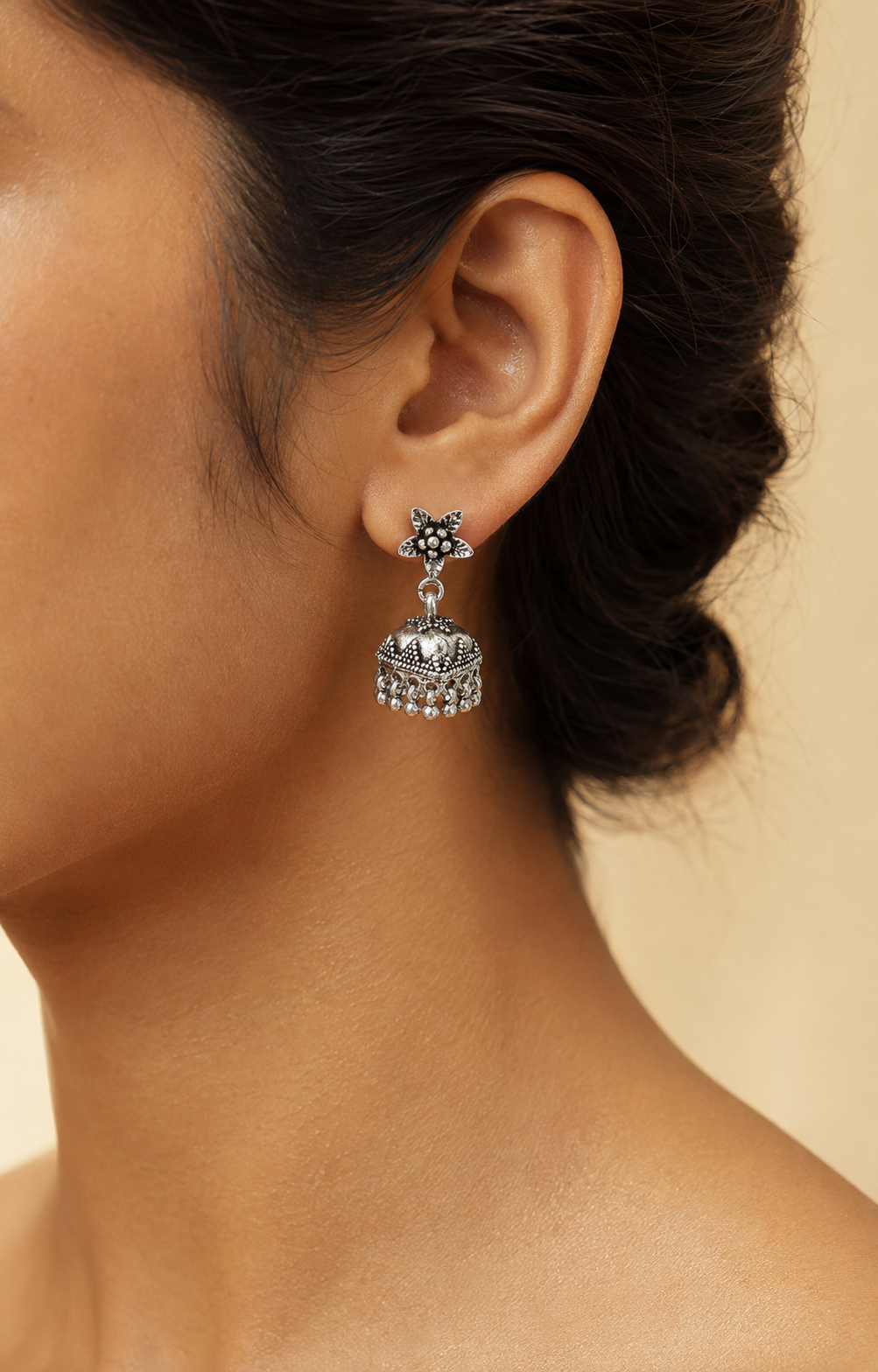 Square Dome Oxidised Jhumka Earrings