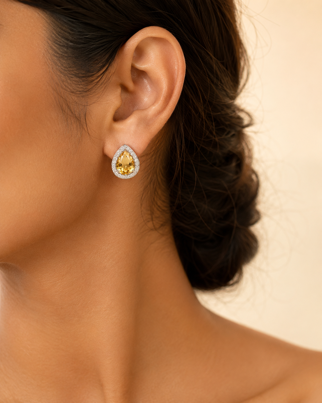 Champagne Citrine Teardrop CZ Halo Stud Earrings for Women