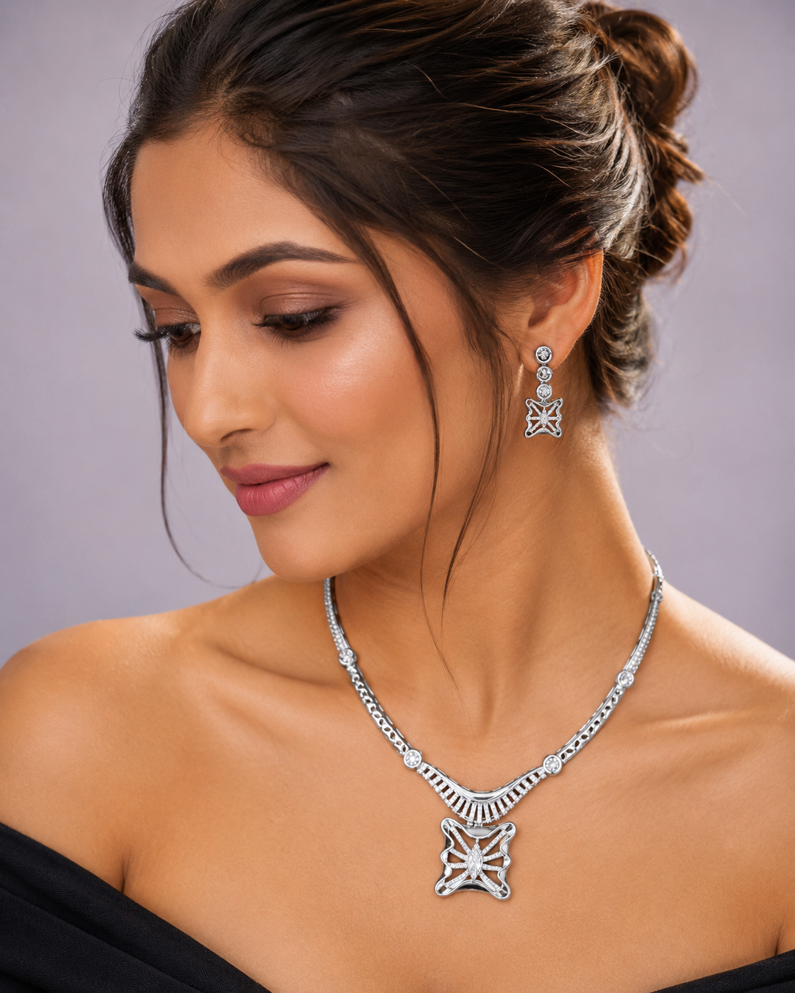 CZ Diamond Butterfly Pendant Necklace & Earrings Set