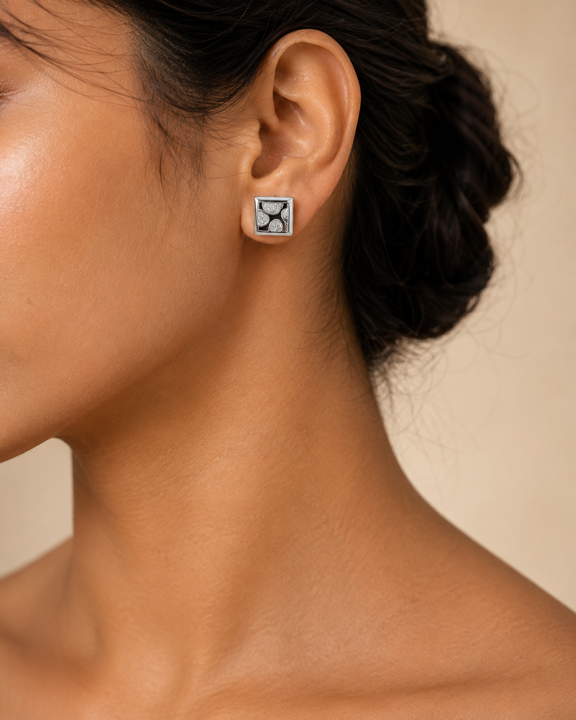 Black Enamel Square CZ Stud Earrings for Women