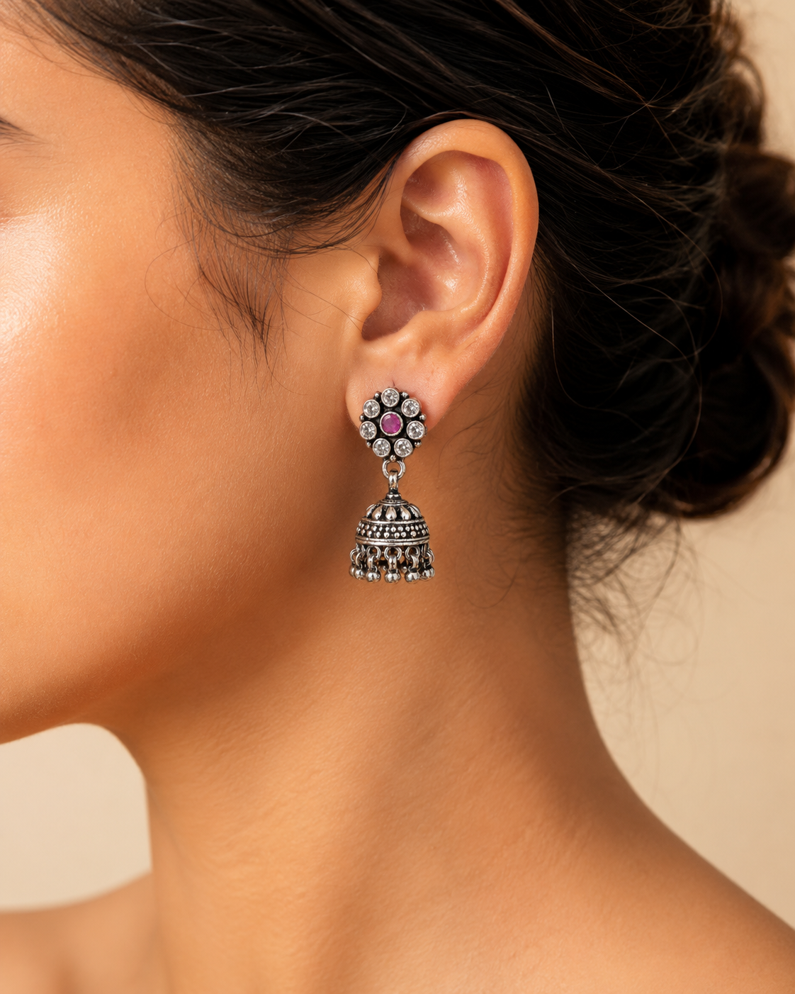 Oxidised Ruby Pink and CZ Floral Stud Jhumka Earrings for Women