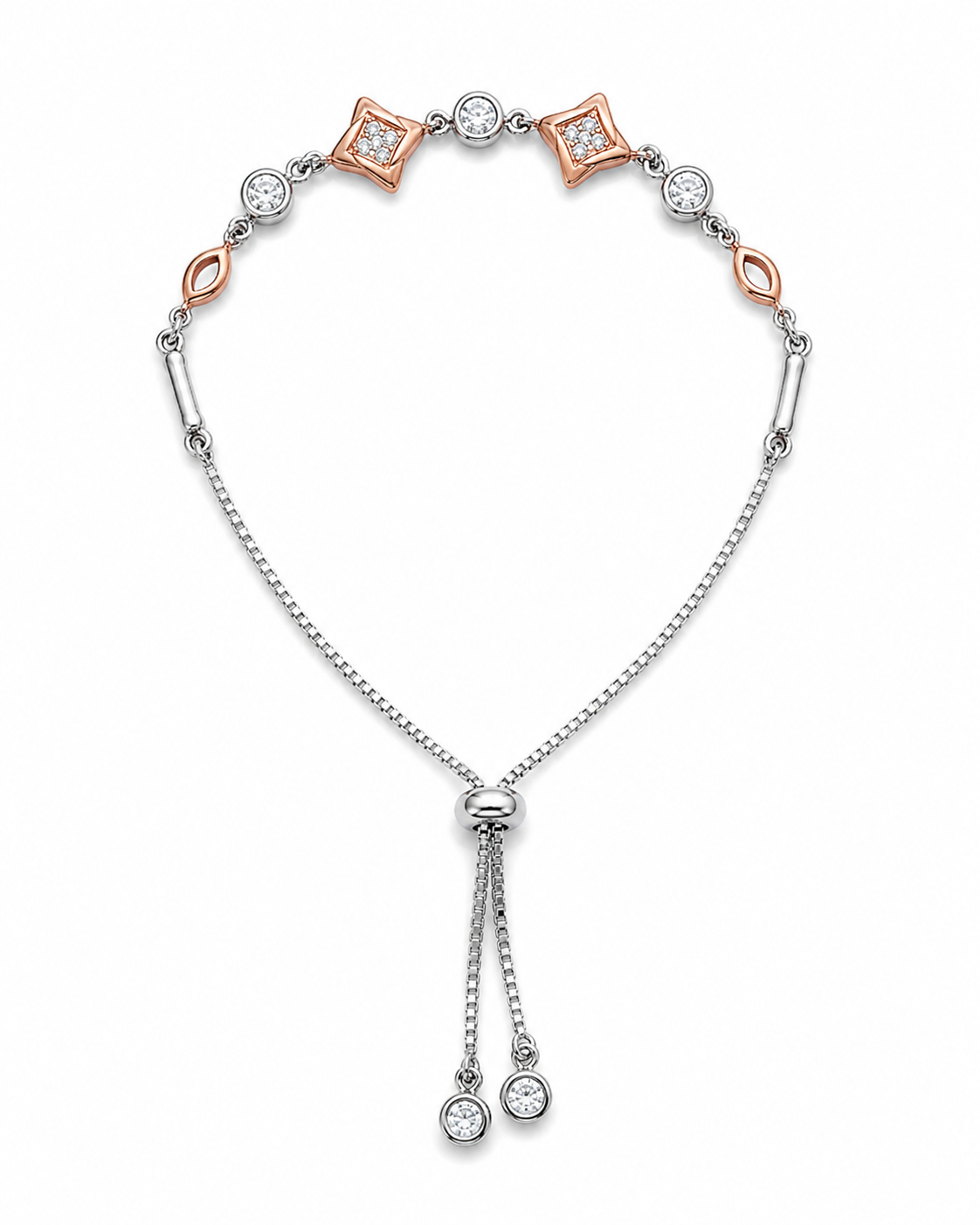 Silver necklace with rose gold accents on a white background