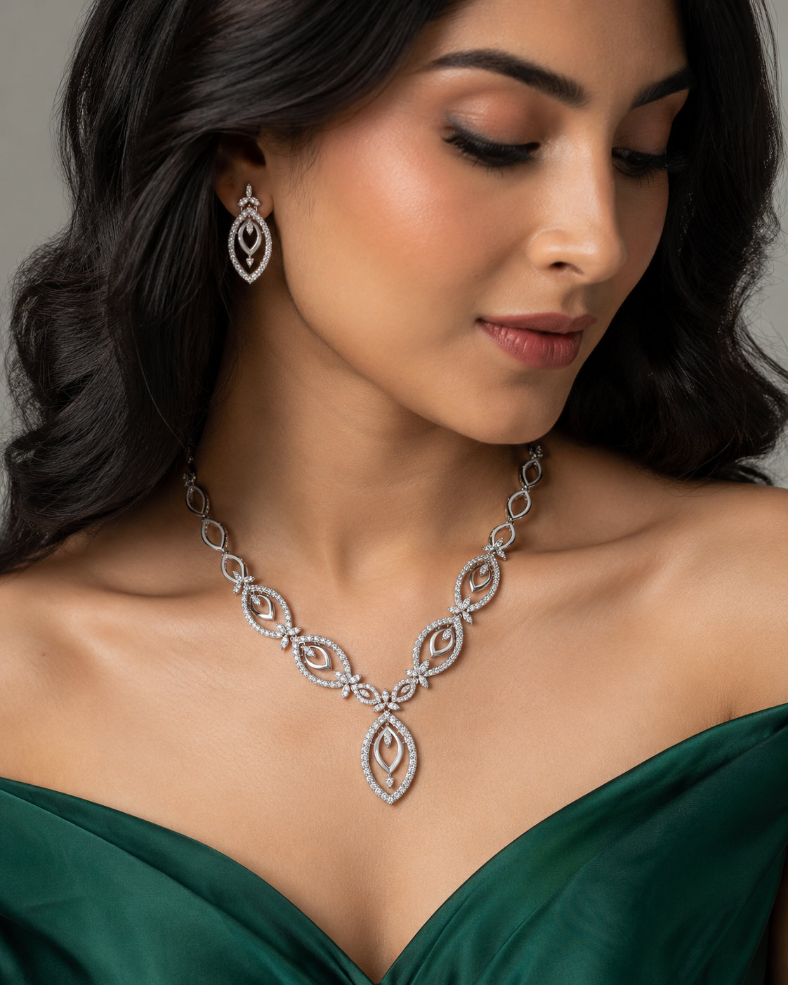 Marquise Halo Pavé Necklace & Earring Set in 925 Silver