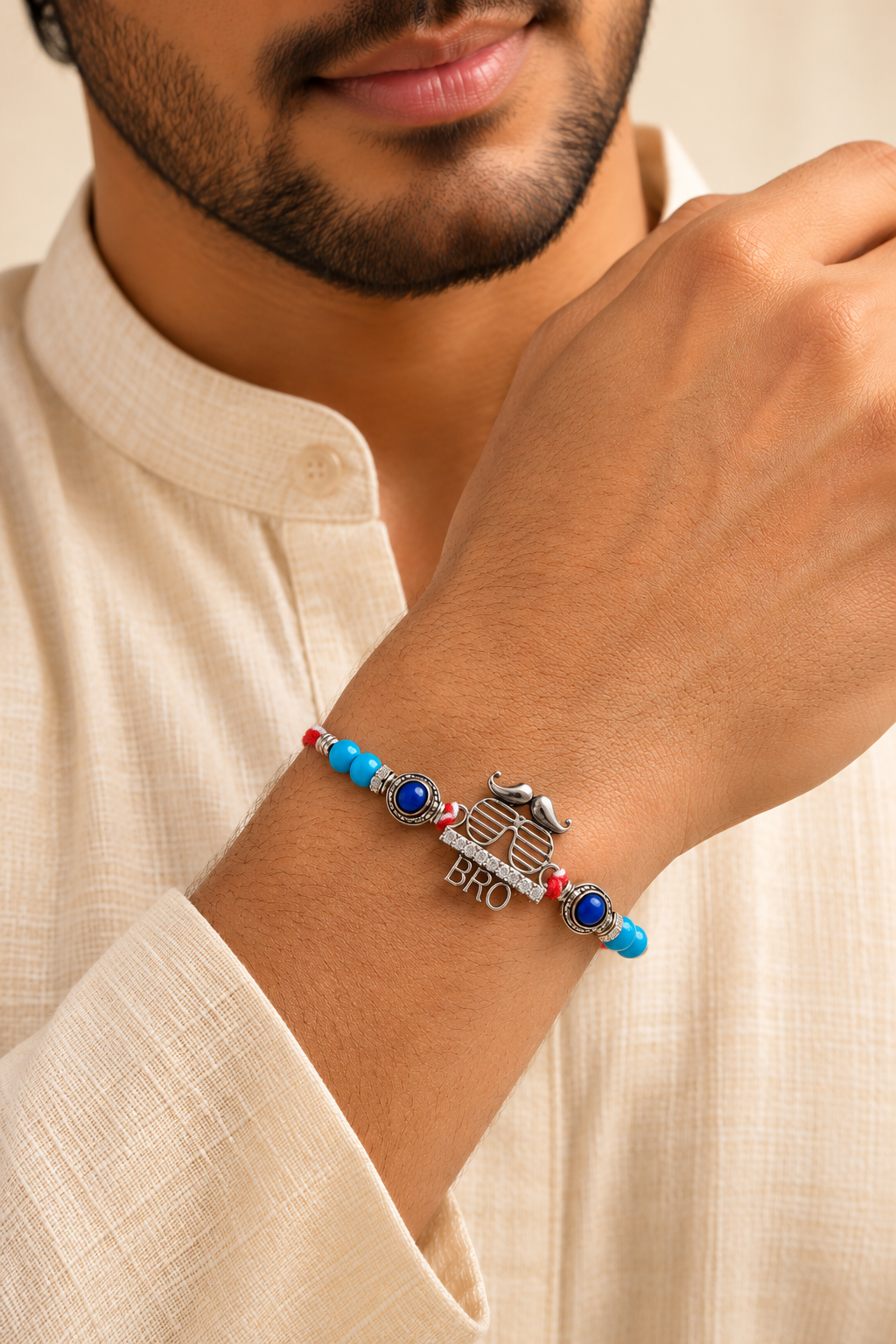 'BRO' Rakhi with Quirky Sunglasses Motif & Evil Eye Beads