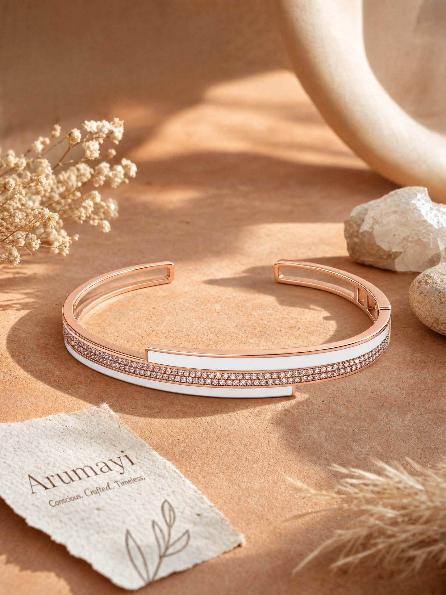 Rose Gold Mother of Pearl Cuff Bracelet with Pavé CZ Border