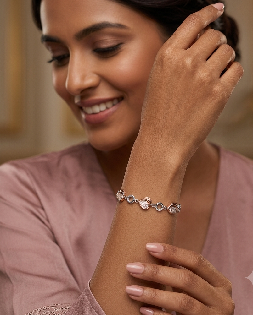 Woman wearing a silver bracelet with a blurred background