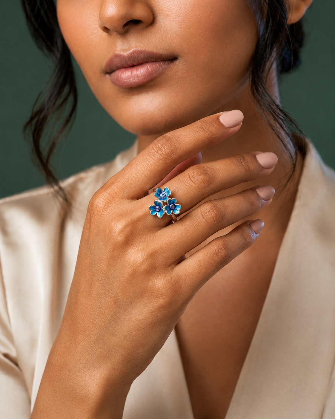 Blue Enamel Trio Flower Adjustable Ring for Women