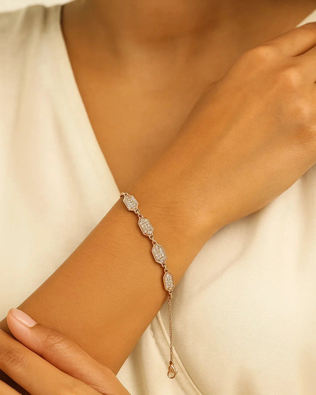 Rose Gold Hexagon CZ Link Bracelet