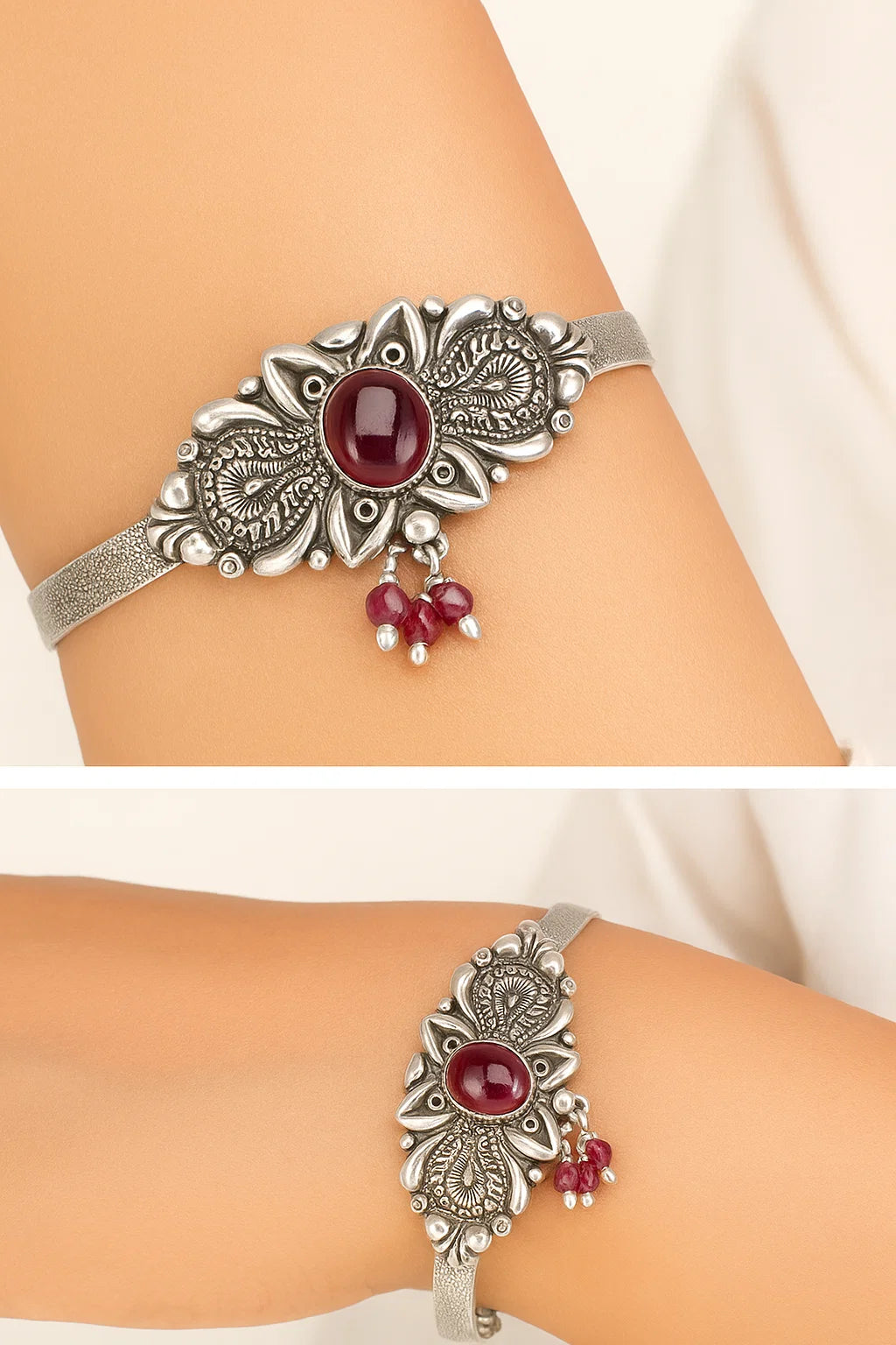 Oxidized Silver Tribal Cuff with Red Stone & Pearl Accents