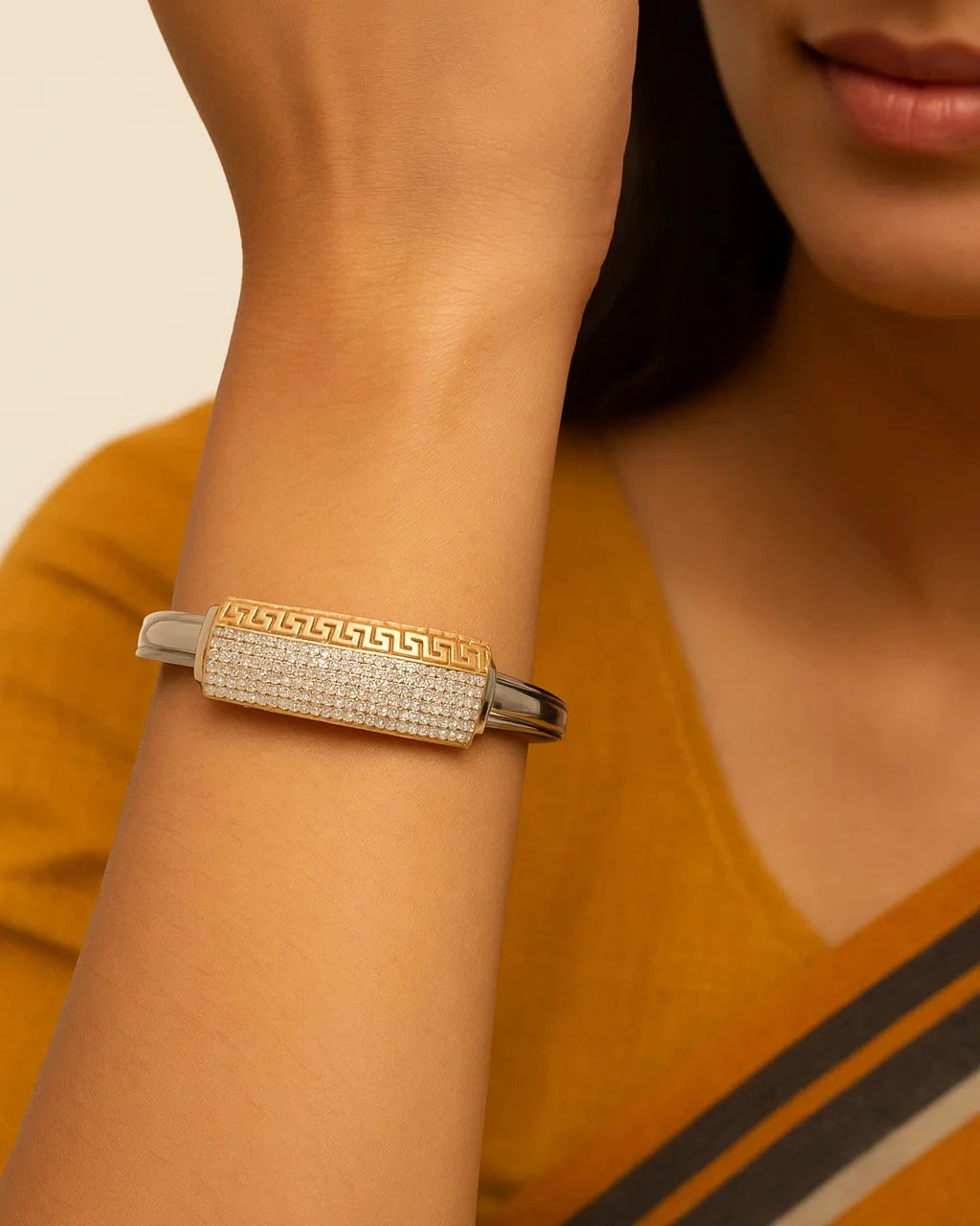 Dual-Tone CZ Cuff Bracelet in Silver & Gold Finish