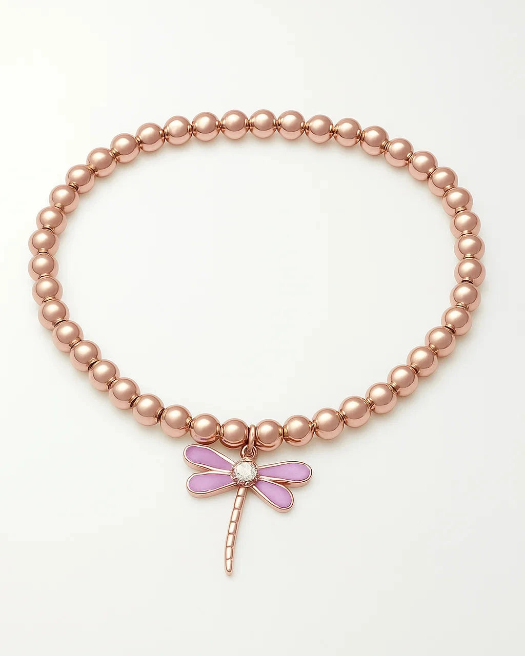 Rose Gold Beaded Bracelet with Lavender Dragonfly Charm