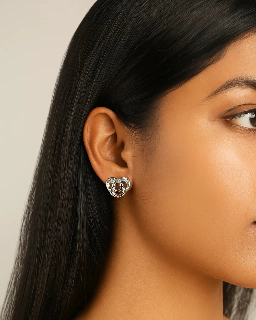 Silver Heart Stud Earrings with Mother-Child Motif
