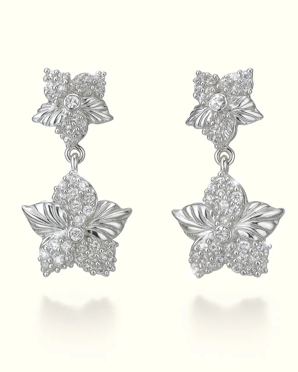 Silver Dual Bloom Floral Drop Earrings with CZ Accents