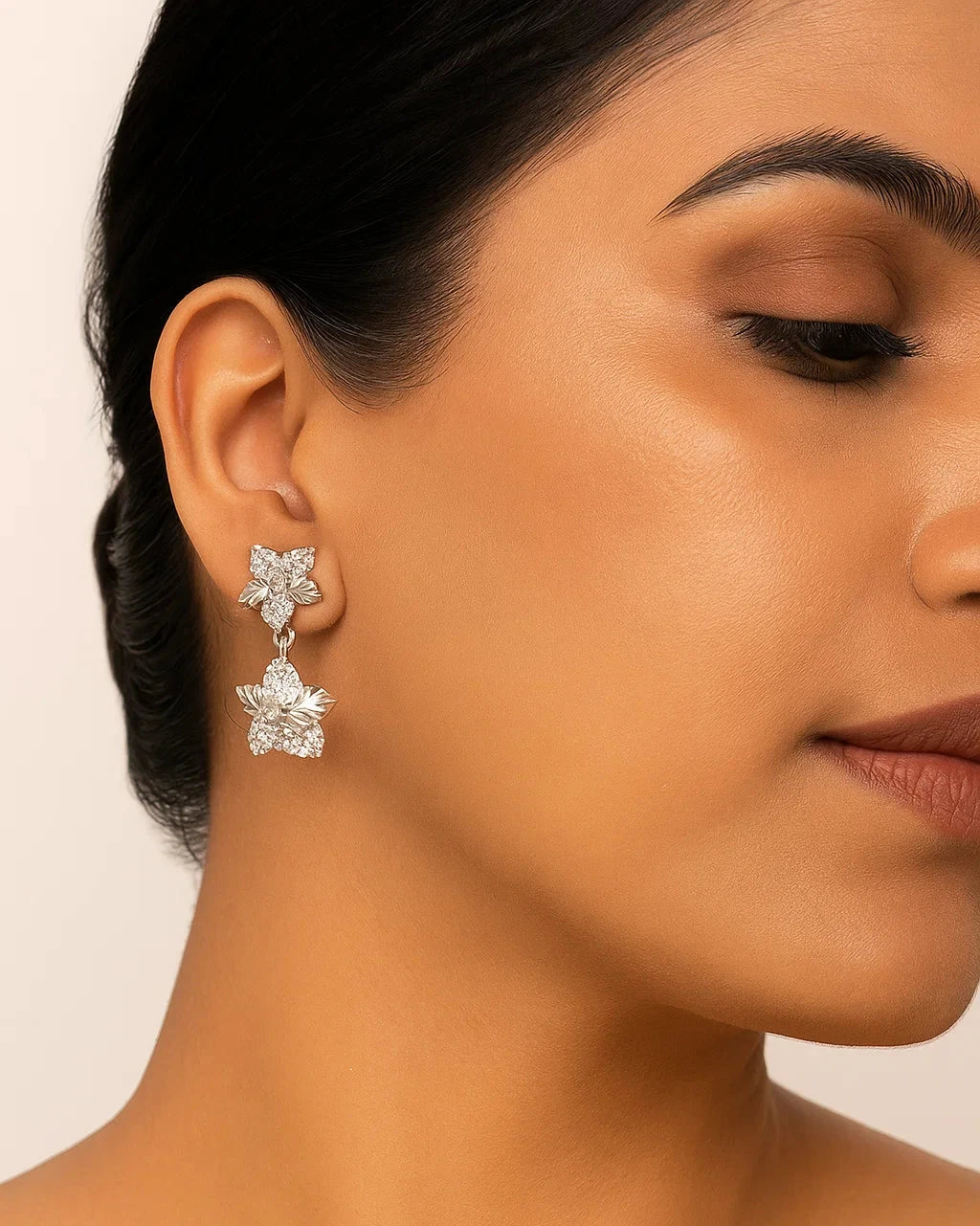 Silver Dual Bloom Floral Drop Earrings with CZ Accents