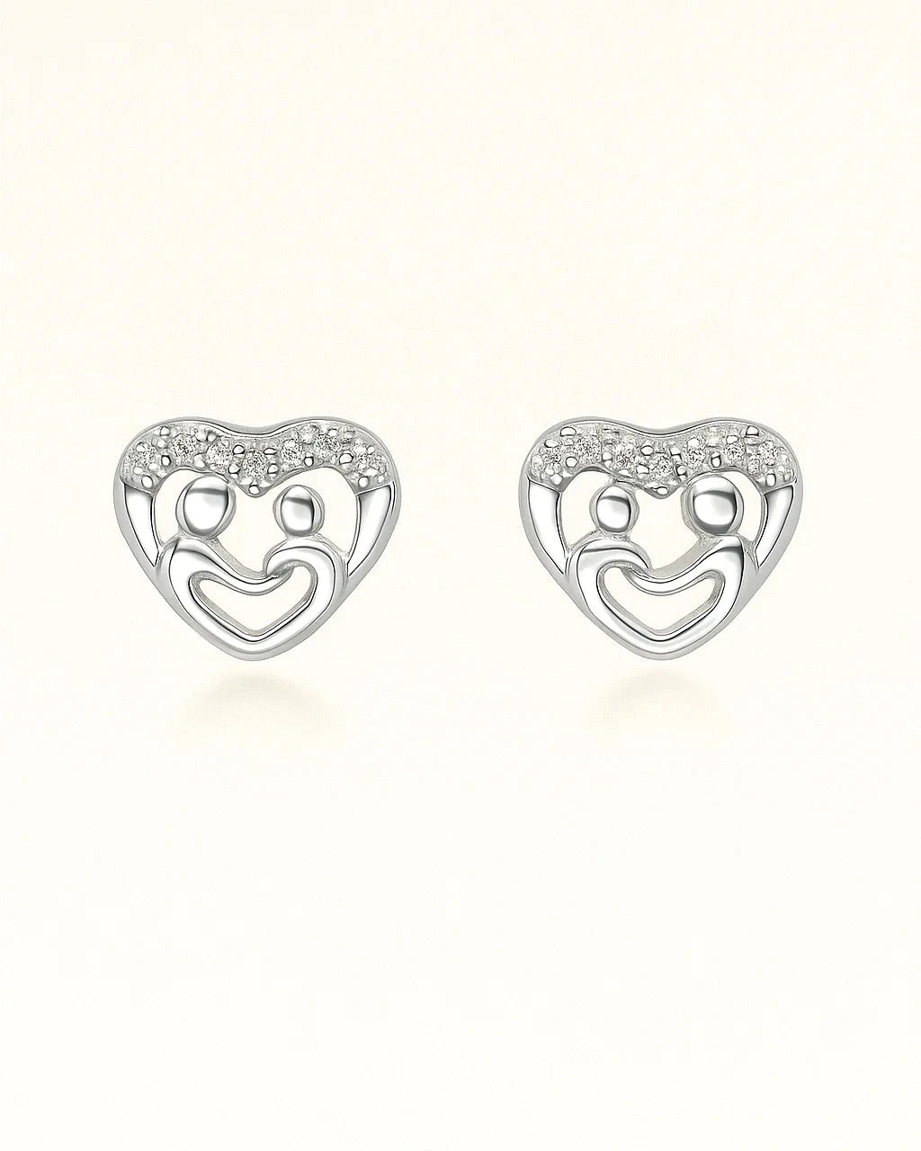 Silver Heart Stud Earrings with Mother-Child Motif