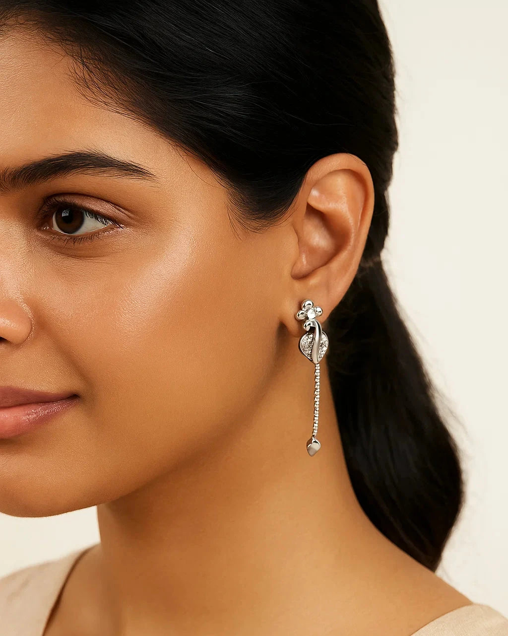 Silver Heart Chain Drop Earrings with CZ Sparkle