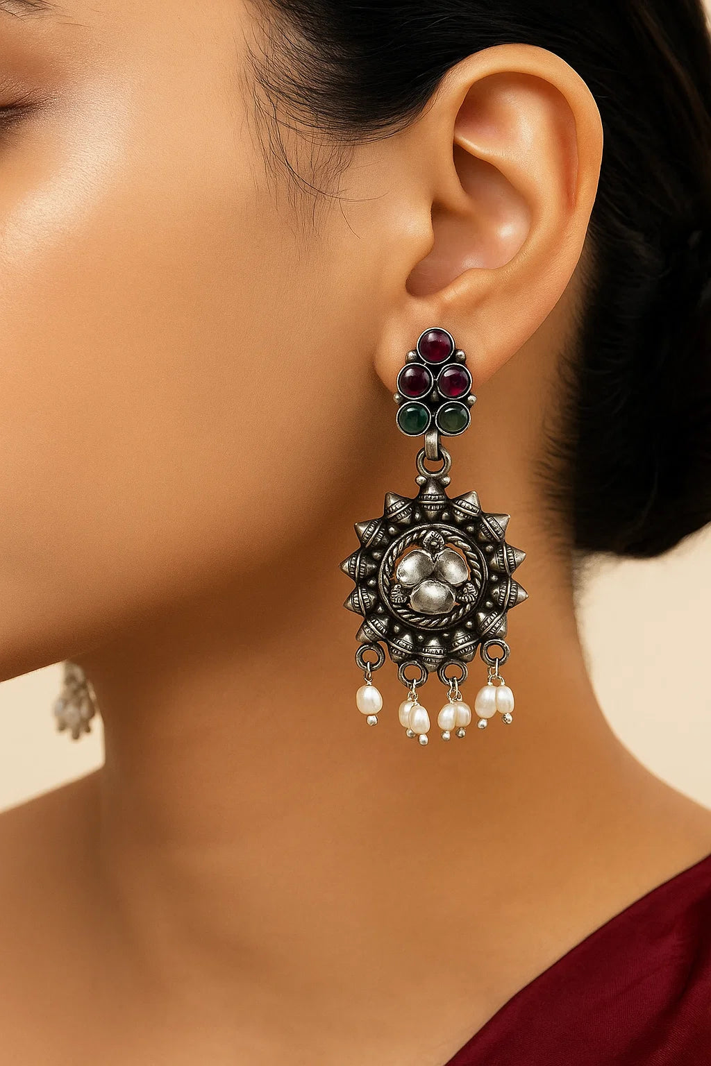Regal Temple Charm Oxidised Earrings