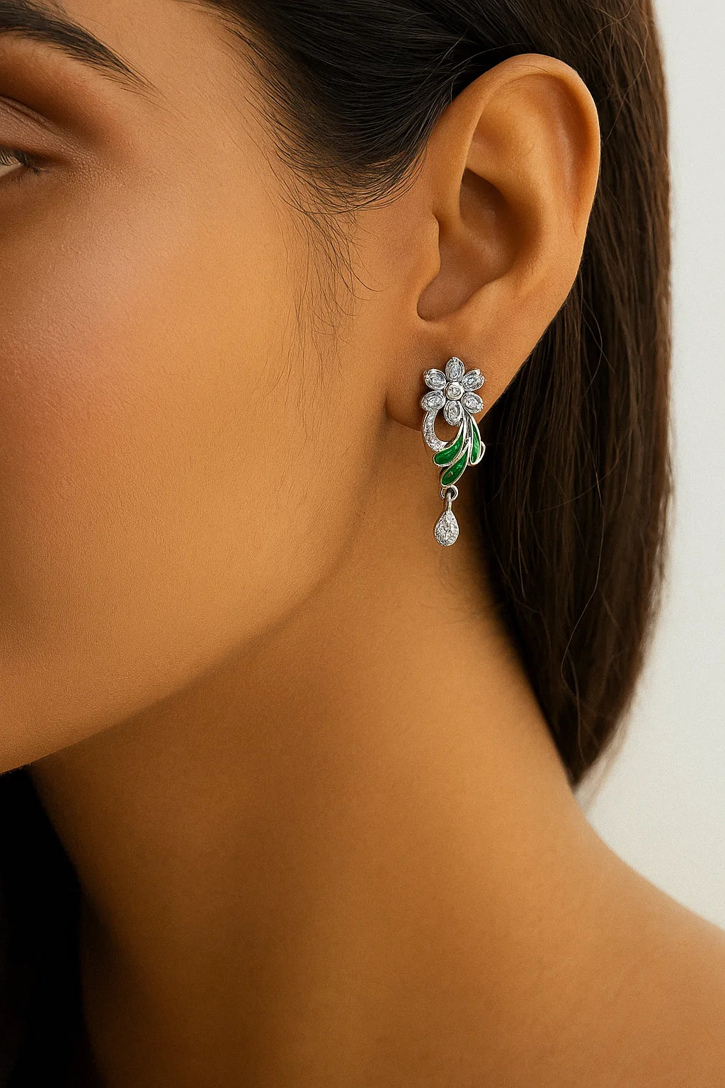 Enchanting Green Enamel & Diamond CZ Floral Earrings