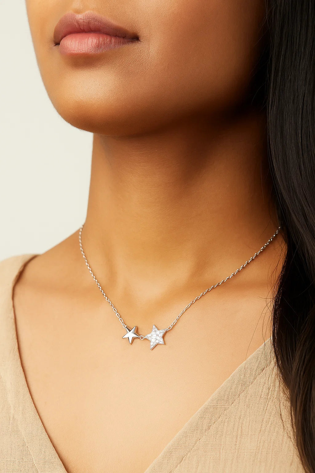 Silver Twin Star Necklace with CZ Sparkle