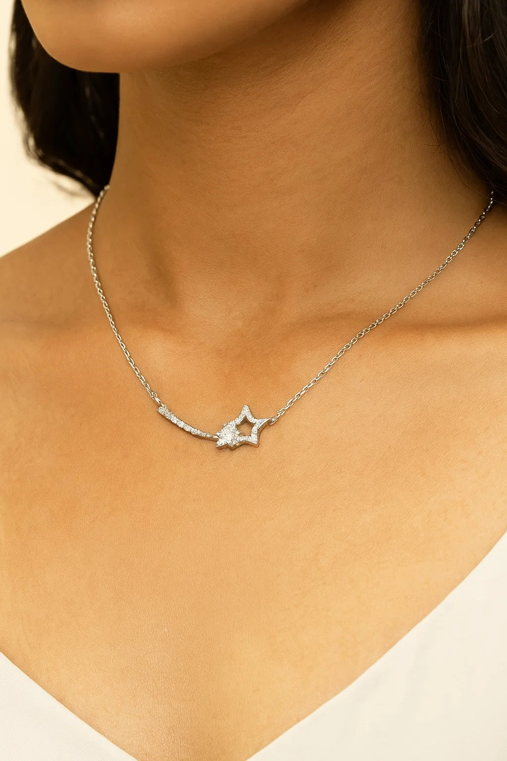 Silver Shooting Star Pendant with CZ Highlights Necklace