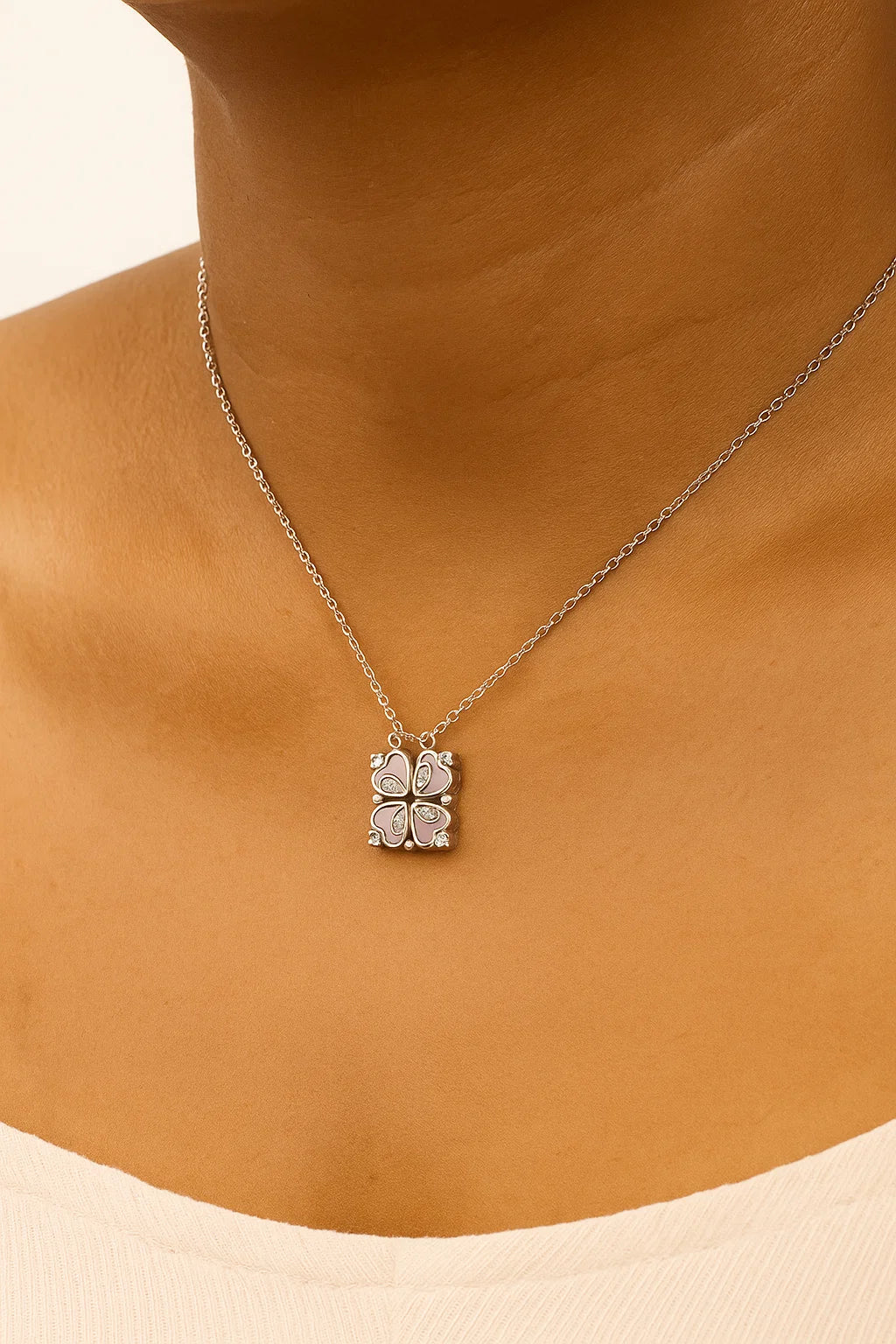 Magnetic Silver Pink Clover Heart Necklace