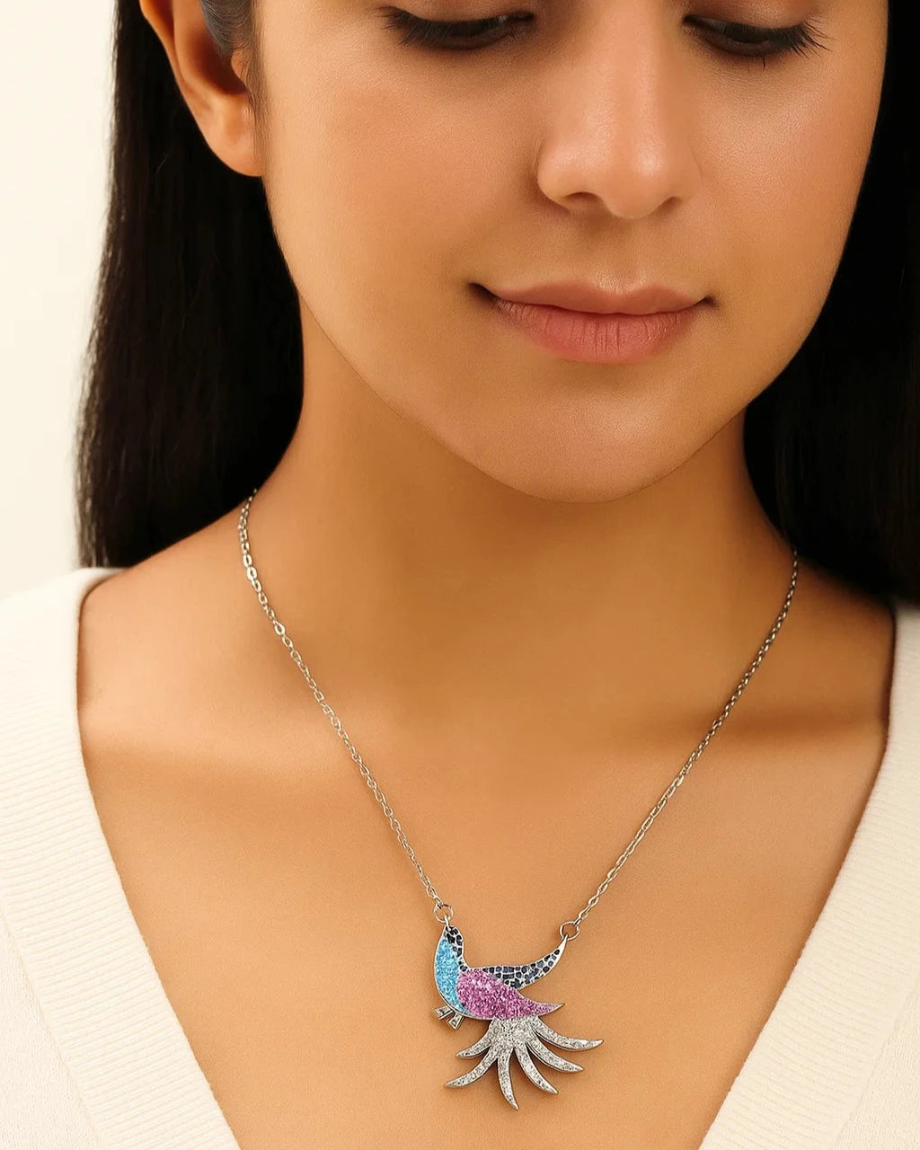 Silver Multicolour Bird Pendant Necklace