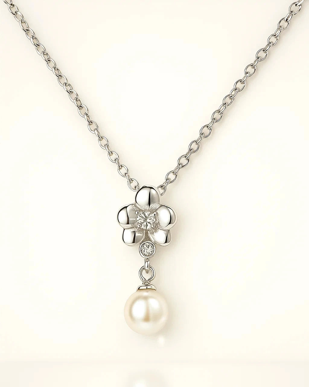 Silver Floral Pearl Drop Necklace