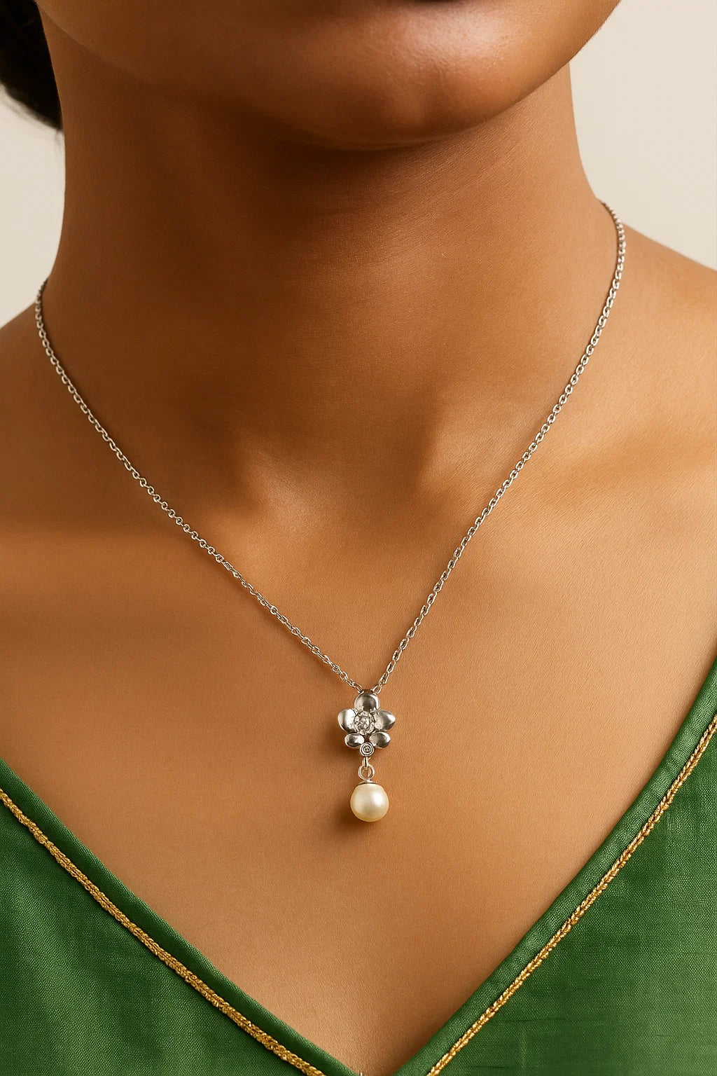 Silver Floral Pearl Drop Necklace