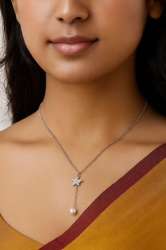 Silver Star & Pearl Drop Necklace