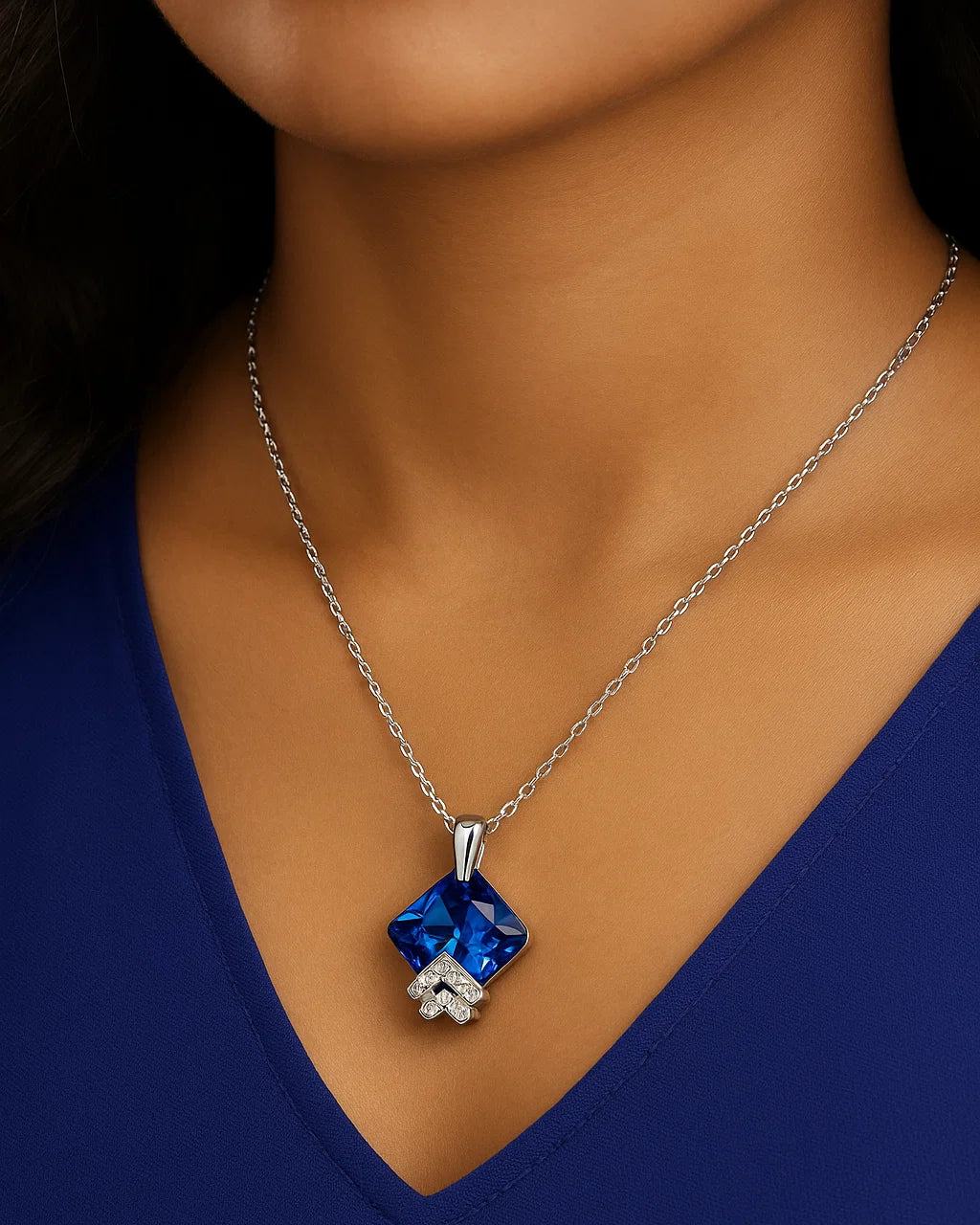 Royal Blue Princess-Cut Pendant Necklace