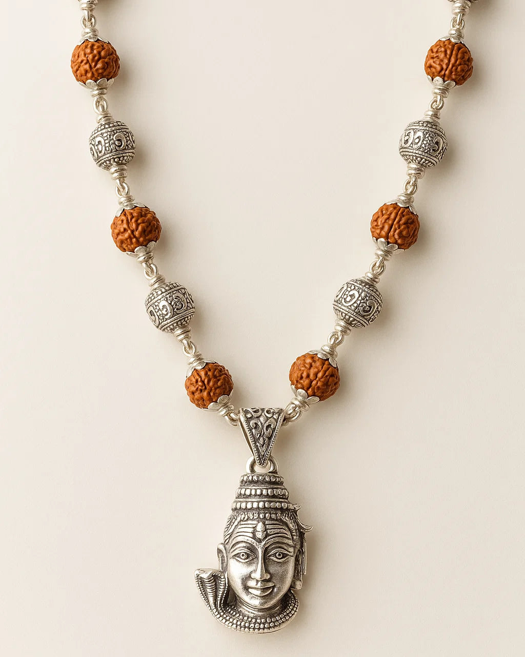 Rudraksha Mala with Silver Beads and Lord Shiva Pendant – Spiritual Rosary for Meditation & Pooja