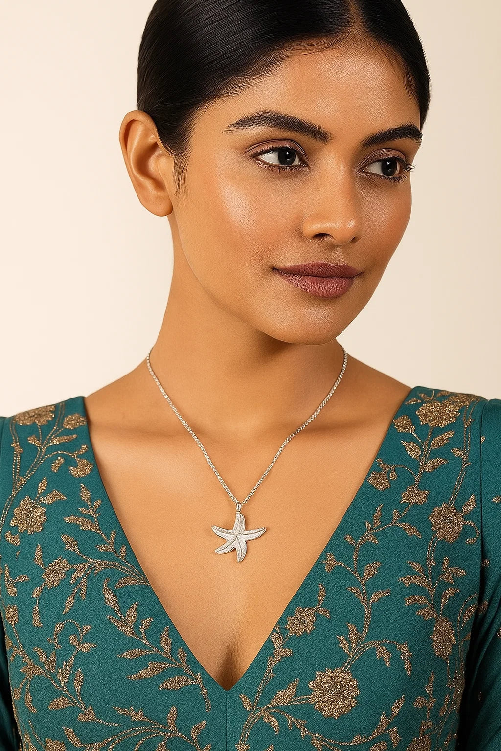 Woman wearing a silver starfish pendant necklace with a green embroidered top.