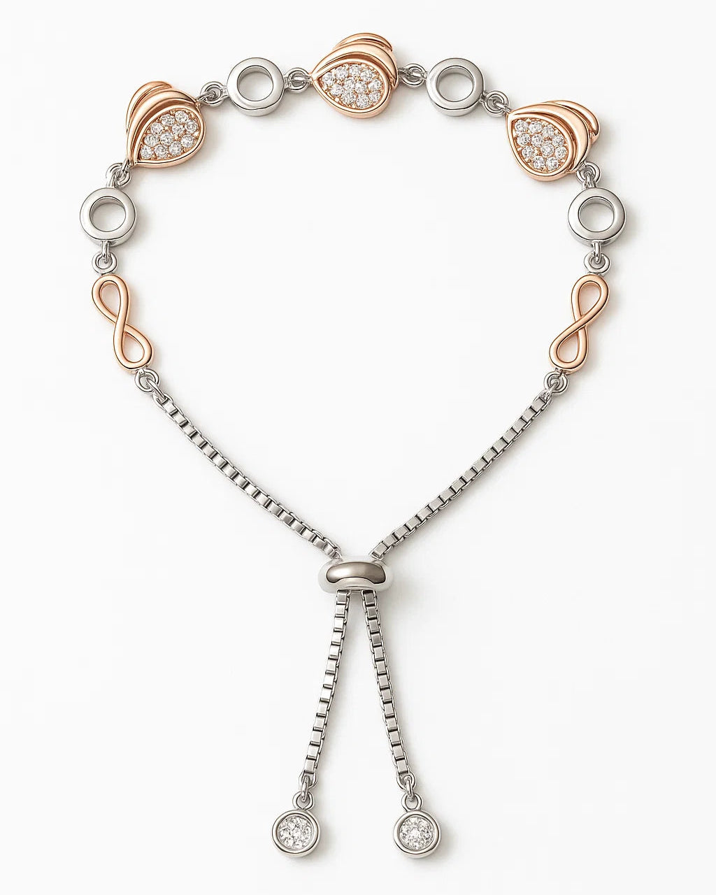 Elegant bracelet with rose gold and silver elements on a white background