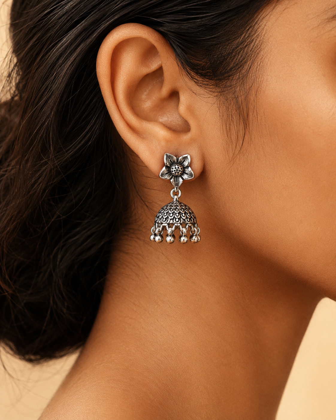 Midnight Blossom Silver Jhumka Oxidised Earrings