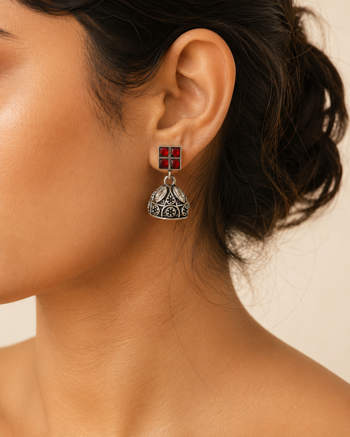Oxidised Ruby Red Square Stud Jhumka Earrings for Women