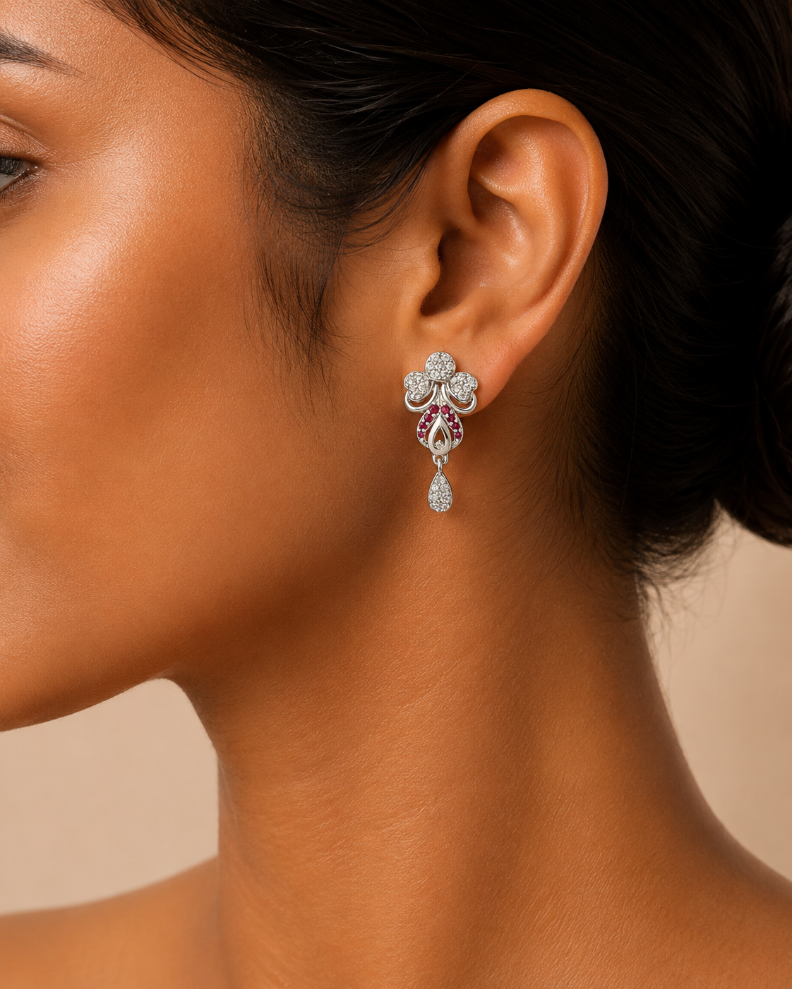 Floral & Ruby-Hued CZ Drop Earrings
