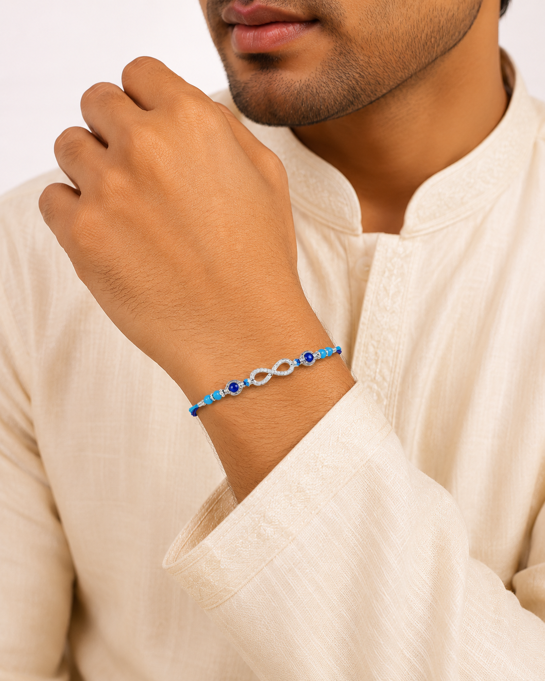 925 Sterling Silver Infinity Rakhi with Blue Beads
