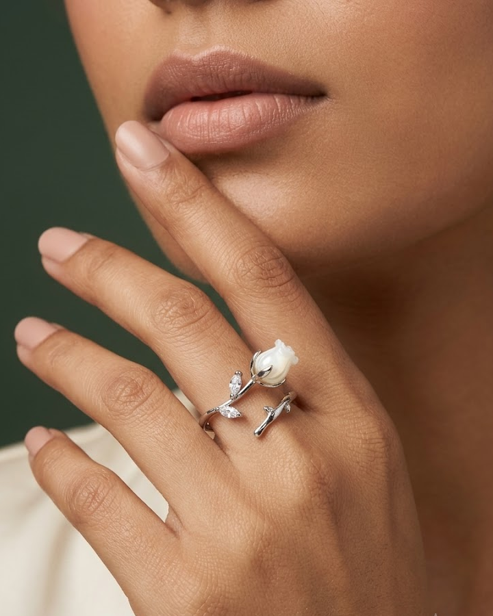 Rose Adjustable Ring with Mother of Pearl Flower & CZ Leaves