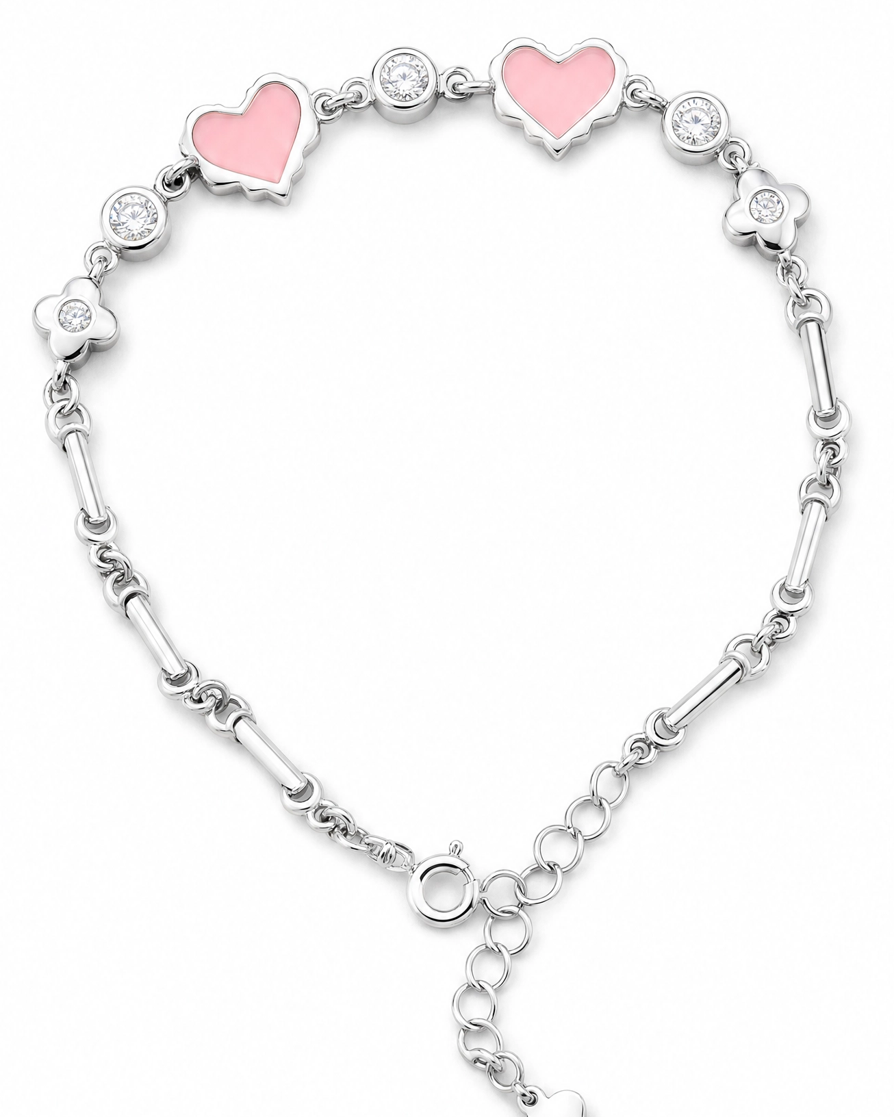 Silver bracelet with pink heart charms on a white background