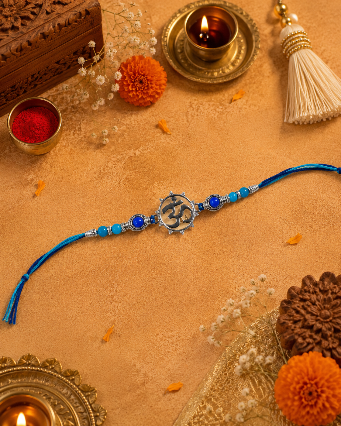 925 sterling silver Om Rakhi bracelet with blue beads