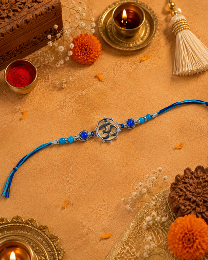 925 sterling silver Om Rakhi bracelet with blue beads