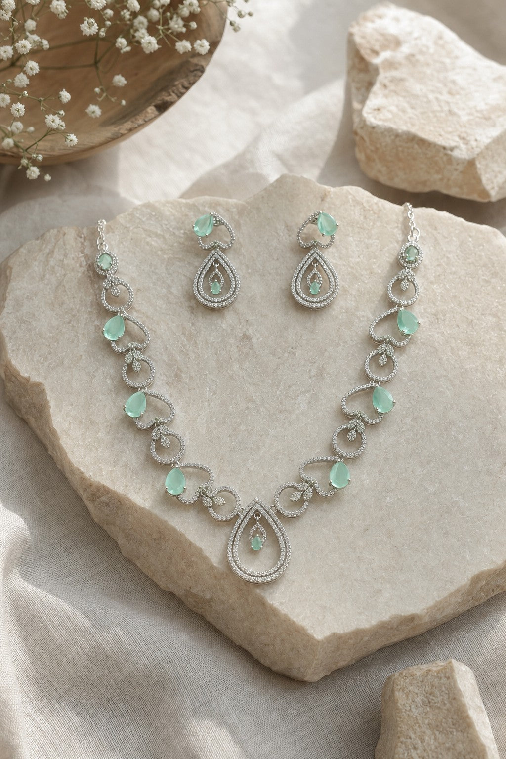 Seafoam Chalcedony Paisley Teardrop Necklace & Earrings Set - 1098_lifestyle