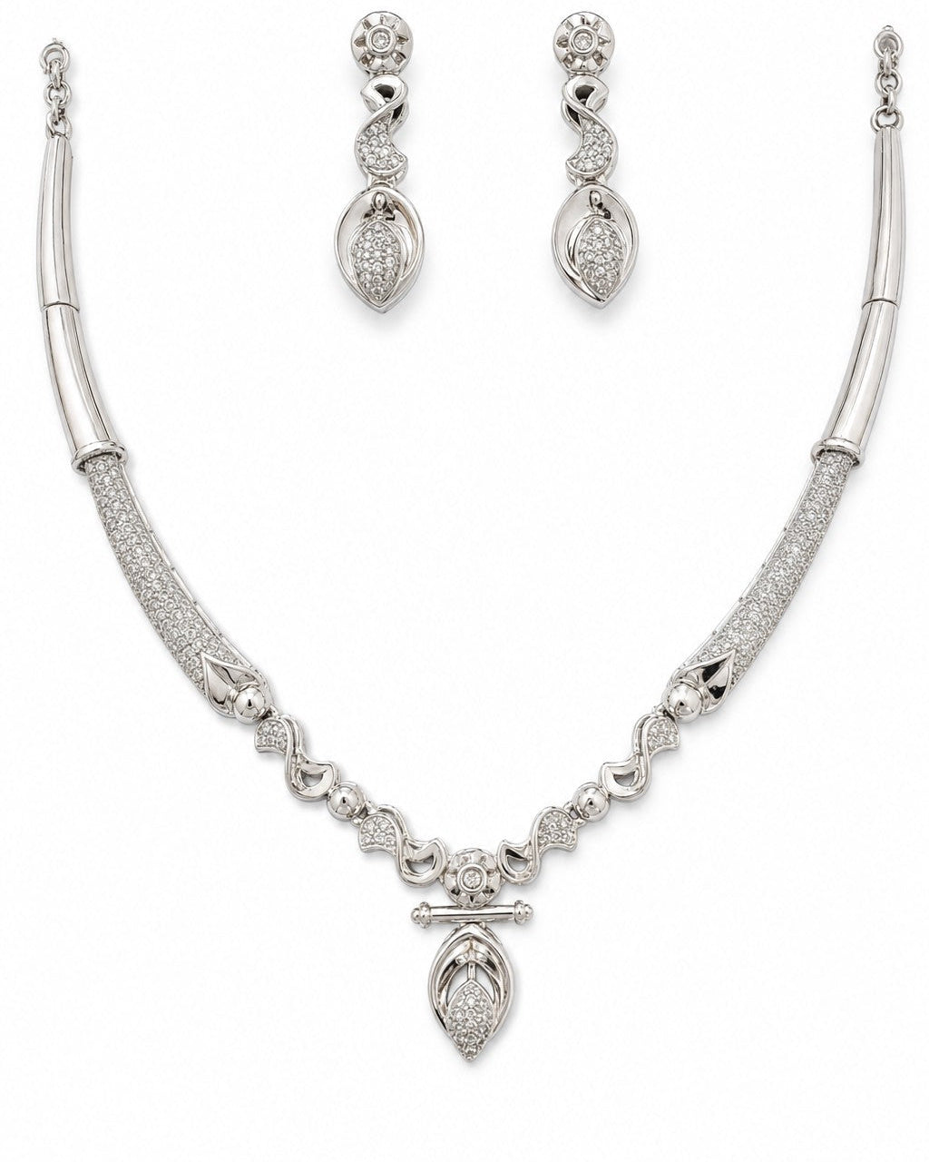 Pavé Leaf Drop Necklace & Earrings Set in 925 Silver - 1141_hero