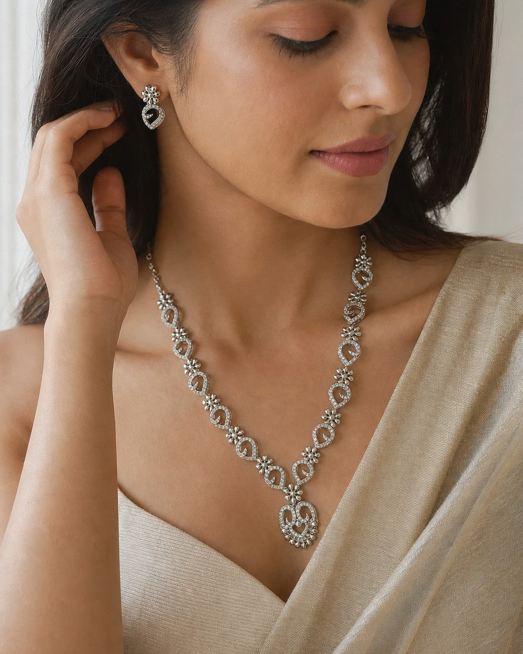 Floral Garden CZ Necklace & Earrings Set in 925 Silver - 1322_model