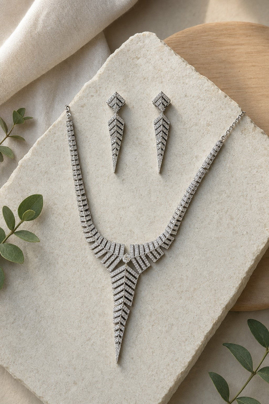 Art Deco Chevron Arrow Necklace & Earrings Set with Pavé CZ - 1323_lifestyle
