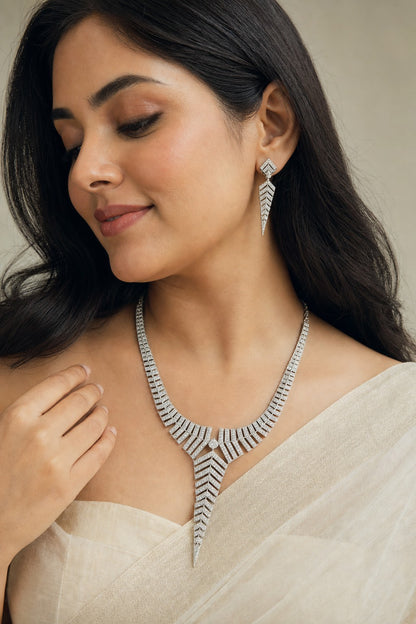Art Deco Chevron Arrow Necklace & Earrings Set with Pavé CZ - 1323_model