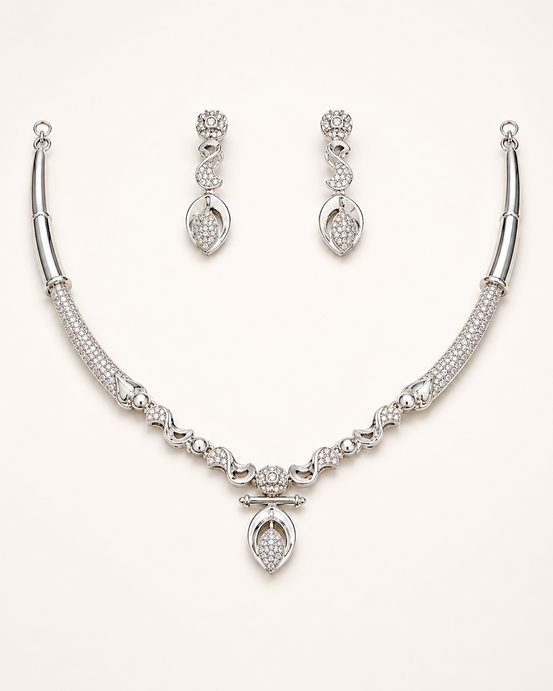 Pavé Leaf Drop Necklace & Earrings Set in 925 Silver