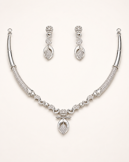 Pavé Leaf Drop Necklace & Earrings Set in 925 Silver