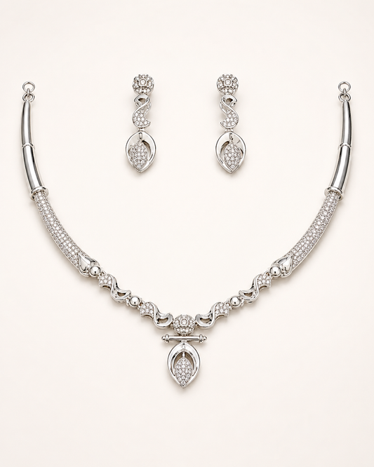 Pavé Leaf Drop Necklace & Earrings Set in 925 Silver
